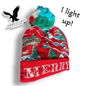 American Eagle Outfitters “Merry” Tossel Cap Red Winter Light Up Hat Christmas